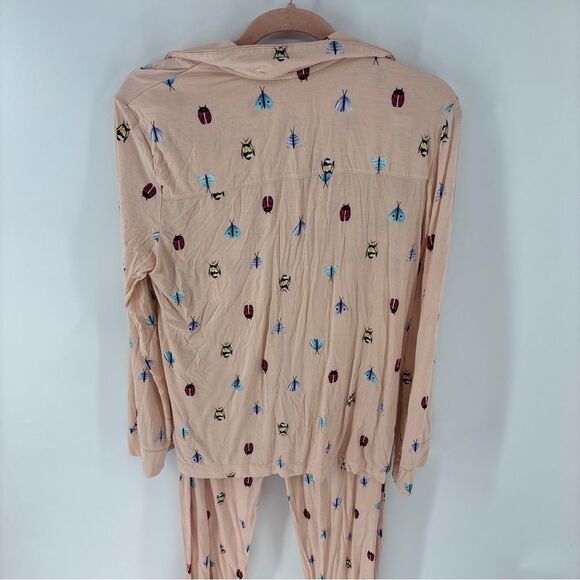 Soma Peach Sleepwear button up shirt pant set with beetle Insect Design womens M - Picture 4 of 11